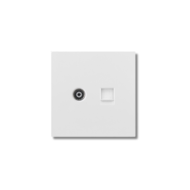 Pano.V RJ47 Ethernet and Antenna TV combo with international plug, featuring 2 white AC outlets—ideal for seamless connectivity