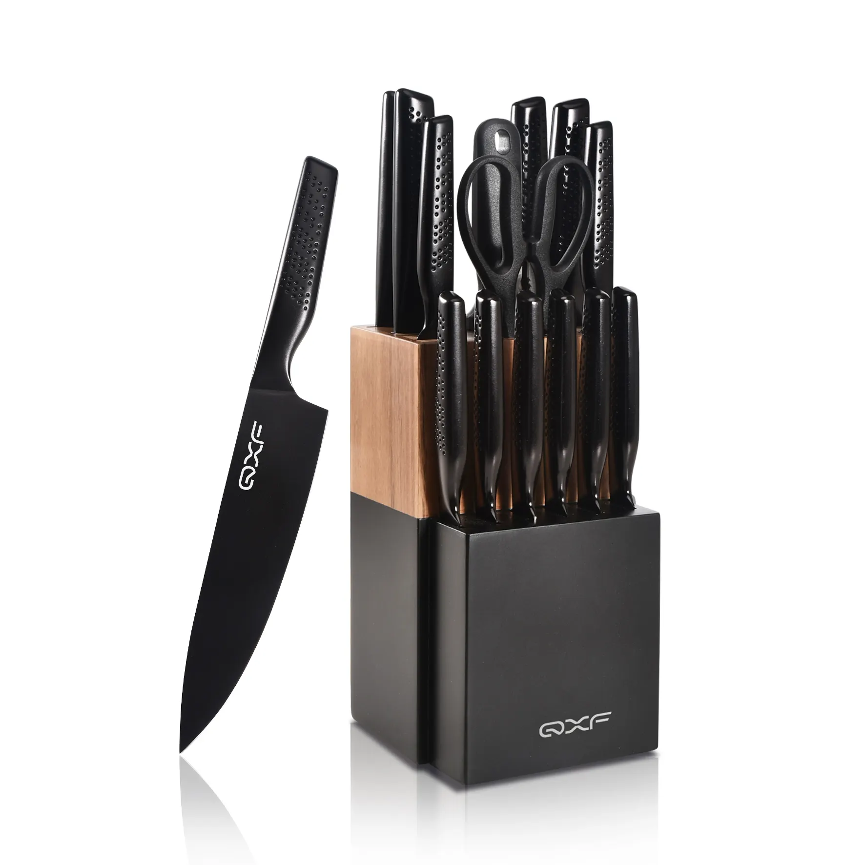 Nouveau design de la série Stark 15 pièces ensemble de couteaux de cuisine à revêtement noir couteau de chef en acier inoxydable Super Sharp avec porte-couteau en bois