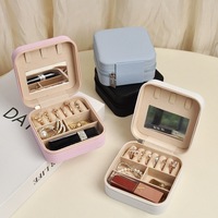 Boîte à bijoux de voyage en velours avec miroir intégré, fermeture éclair sécurisée, doublure en polaire perlée, 10x10x5cm, carrée, simple, portable, cadeau pour femme