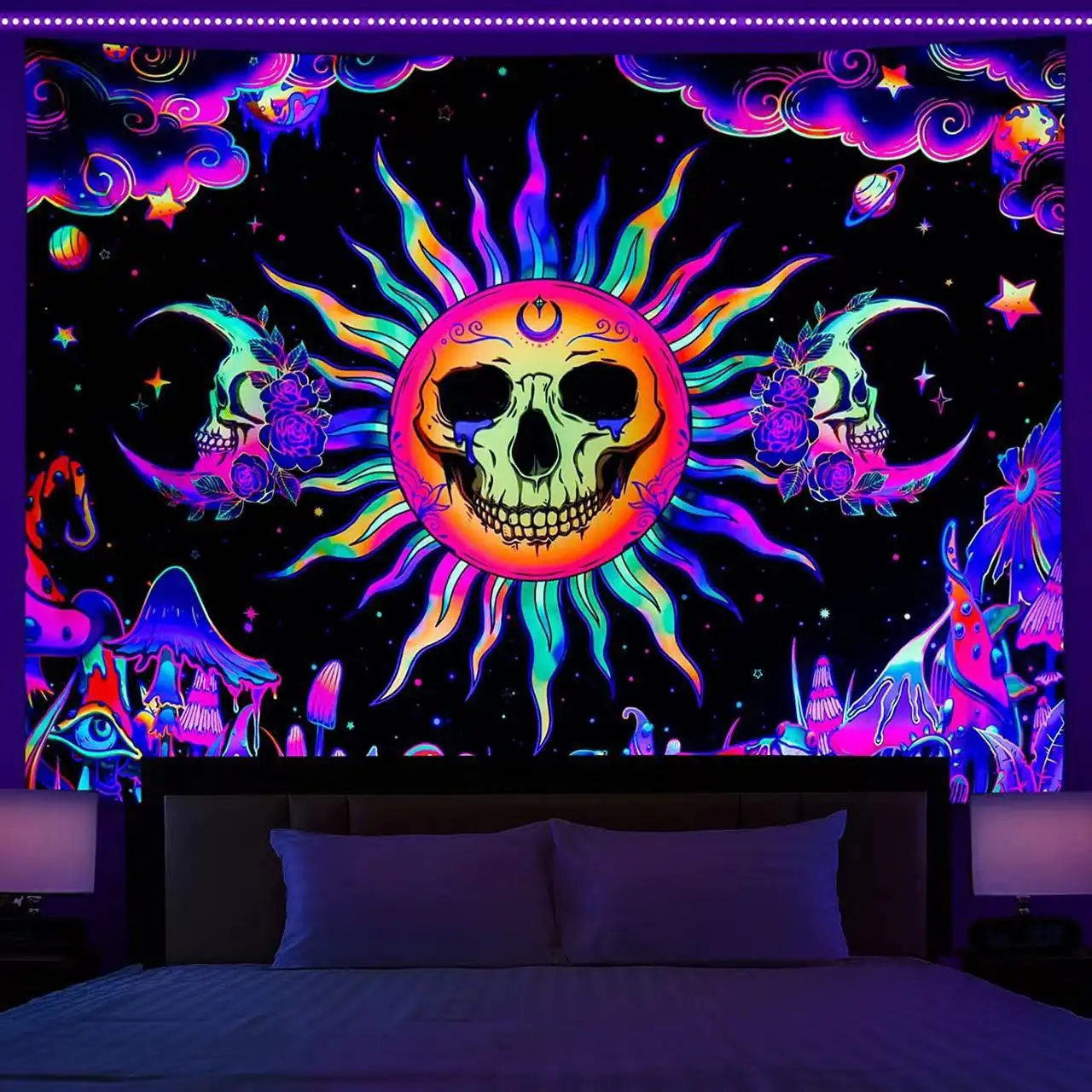 Floresan duvar asılı duvar halısı Psychedelic Mandala arka plan büyücülük malzemeleri UV ışık mantar goblen