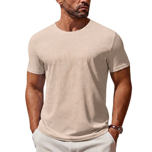 T-shirt pour homme beige à manches courtes, col rond, coupe ajustée, décontracté, respirant, 100% coton jersey tricoté, couleur unie - Product Image 1