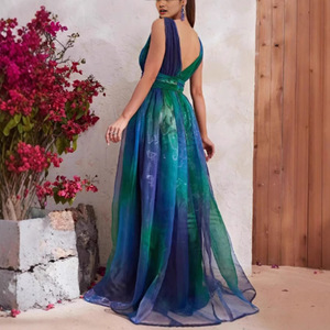 <span class=keywords><strong>Robe</strong></span> d'été pour femme SS109, nouveau style, coupe trapèze, en mousseline imprimée, col en V profond, dos nu, idéale pour les mariages, collection Europe Commerce Extérieur - Product Image 4