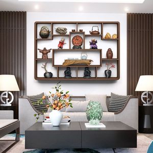Solid Wood Chinese Style Wall Mounted Display <b>Shelf</b> Rectangle Multi Functional Tea Room Cabinet Decorative Storage <b>Rack</b> - Product Image 3