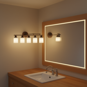 Applique murale moderne à 8 lumières pour salle de bain, 52 pouces, finition fer cuivré, verre dépoli, éclairage LED blanc chaud - Product Image 2