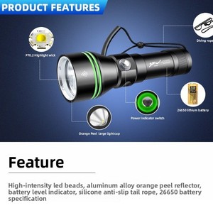 P70 LED Chiến Thuật Lặn Ánh Sáng 1000lm + Hợp Kim Nhôm IP68 Không Thấm Nước Dưới Nước Torch 400-500M Có Thể Điều Chỉnh Tập Trung 3 Chế Độ USB - Product Image 2