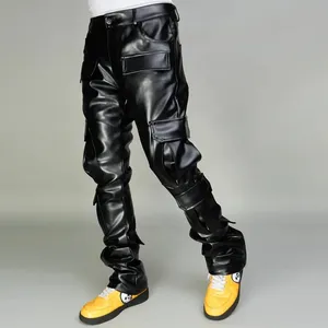 Streetwear Flare Sweat Heren Outdoor Broek Windjack Custom Olie Was Mager Gestapeld Pu Lederen Cargo Broek Voor Mannen