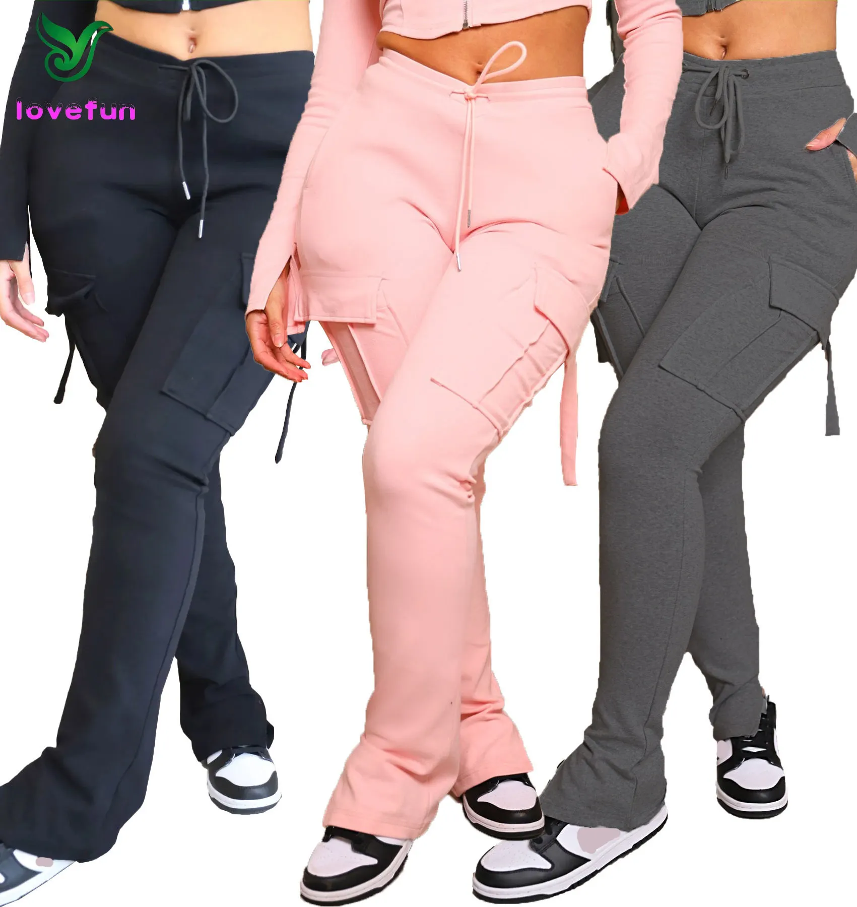 New Autumn Women's Fashion Trend Workwear Pocket Drawstring Waist Split Leg Casual Pants
