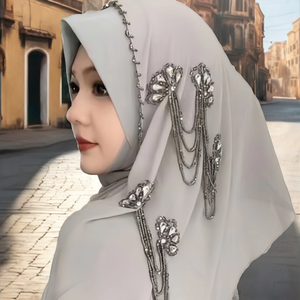 Hiyab de Chifón Sólido para Mujer, Adornado con Pedrería, Pañuelo Islámico Modesto, Estilo para Bodas y Compromisos, para Usar en Todas las Estaciones - Product Image 2
