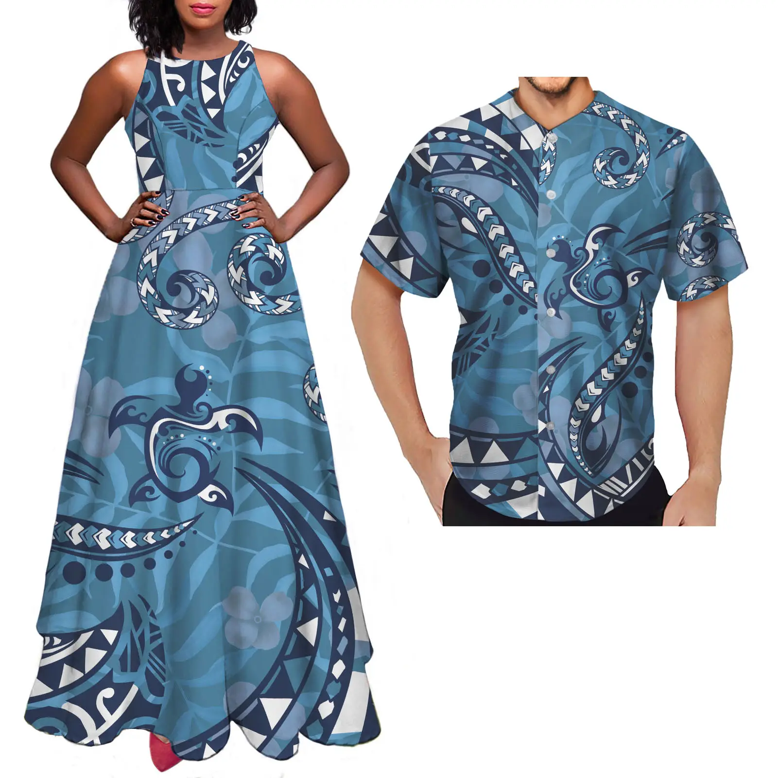 Women Clothing Dress Ladies Polynesian Tribe Sea Turtle Pattern Couples Matching Clothes Sleeveless O Neck A-Line Women Dresses