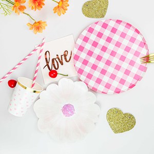 DAMAI New Design Happy Birthday Party Supplies Set with Pink Gingham and Garden Floral Paper Plates Disposable Cups Napkins - Product Image 4