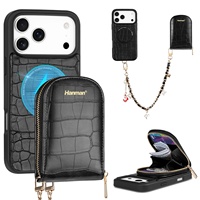 Étui de téléphone de luxe en cuir microfibre durable personnalisé en usine, avec bandoulière en métal et porte-cartes, protection à 360° pour 18 Pro