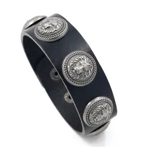 Pulseira de couro masculina, acessórios de personalidade, punk, liga de leão, rebite largo, pulseiras de couro genuíno