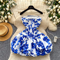 Robe Courte Décontractée Plissée à Volants pour Femmes WIWT, Imprimé Floral Bleu, Coupe Trapèze, Idéale pour les Fêtes