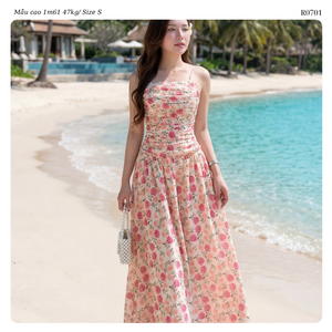 Robe longue décontractée d'été pour femme en mousseline florale, avec corsage froncé, col carré, coupe trapèze, bretelles spaghetti, fluide, style resort OEM ODM - Product Image 6