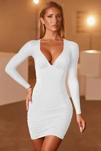 Hot Selling V-hals Zomer Club Gesmokte Lange Mouw Vrouwen Party Dress