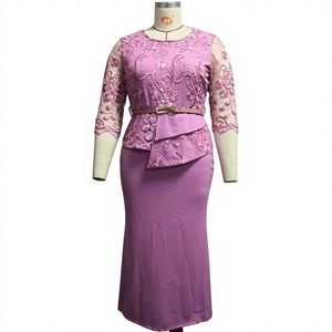 Abito <span class=keywords><strong>Lungo</strong></span> da Donna Africana Primaverile Autunnale con Pizzo Floreale, Taglie Forti, Mezza Manica Trasparente e Cintura - Product Image 1