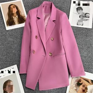 Blazer de Calidad Ling205, Color Morado Rosado, Chaqueta de Traje con Hebilla, Estilo Británico Nuevo de Otoño, Diseño Cruzado para Mujer - Product Image 3