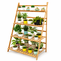 Étagère à fleurs pliante en bambou à 4 niveaux, étagère à plantes en forme d'échelle avec garde-corps pour l'intérieur, l'extérieur, la terrasse, le jardin, le balcon