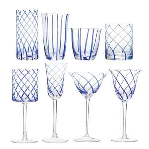 Verres à eau et à vin en verre <span class=keywords><strong>soufflé</strong></span> à la bouche, rayés bleus, faits à la main - Product Image 3