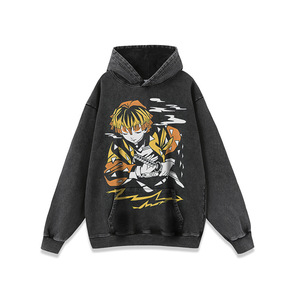 Sweat-shirt personnalisé en coton noir lourd, lavage à l'acide, graphique vintage, démon tueur Tanjiro, t-shirt anime pour hommes, sweat-shirts - Product Image 1