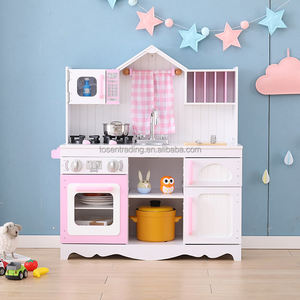 Cocina de Juguete de Madera Rosa Princesa con Cortina, Grifo, Fregadero, Hornillo y Horno para Juego de Imitación Infantil - Product Image 1