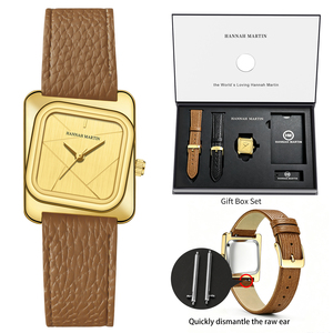 Montre-bracelet à quartz carrée pour femme avec logo personnalisé, bracelet en cuir véritable, coffret cadeau, montre minimaliste tendance pour femme - Product Image 6