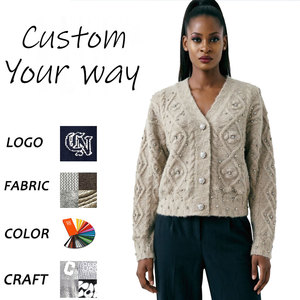 Cárdigan de Punto de Lujo para <span class=keywords><strong>Mujer</strong></span> con Cuentas, Suéter Vintage de Cuello en V con Trenzas, Chaqueta Suave y Esponjosa con Adornos Florales 3D - Product Image 1