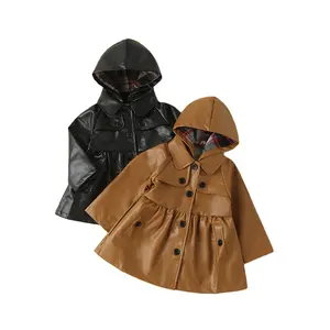 经典儿童女童外套夹克儿童PU皮革带帽单排扣口袋实心女童摩托车夹克