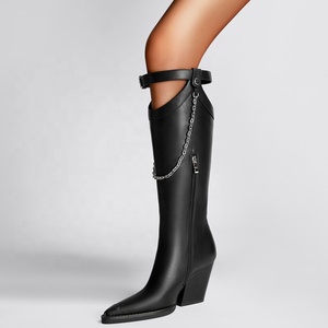 Cow Boy Western Styles Women Snake Print Knee High <b>Boots</b> Wedge Chunky Heels Metal Chain Booties Wide Feet Size 46 Shoes - Product Image 3