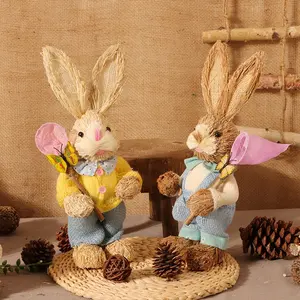 Standing Easter Cute Straw Bunny Figurine Ornaments Christmas Home Decoration Easter Day Party Gifts Party Holiday Supplies