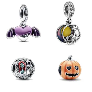 Brincos de prata esterlina S925 para Halloween, charme de coração sorridente, morcego sorridente, charme de abóbora, charme duplo de terror