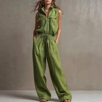 Ensemble décontracté d'été 2026 pour femme : Sweat-shirt sans manches zippé et pantalon droit de sport, couleur unie, coupe ample