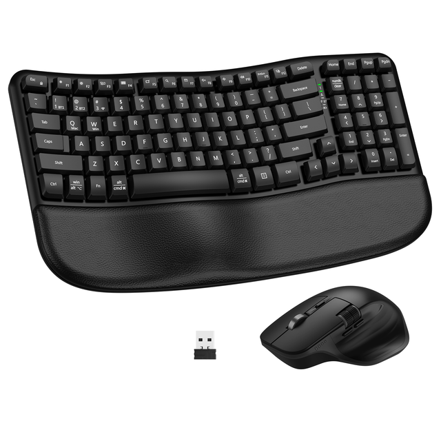 Ergonomic 2.4G BT Wireless Keyboard Mouse Combo LED Backlit Ergo Wave Curved Computer Keyboard
