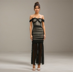 Elegante abito da <span class=keywords><strong>sera</strong></span> nero da donna senza spalle elegante alla moda lungo Tulle Vestidos pizzo da <span class=keywords><strong>sera</strong></span> da donna - Product Image 1