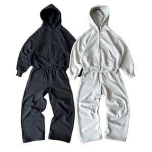 Ensemble de survêtement oversize à fermeture éclair, 100% coton, lavage vintage, sweat à capuche intégral et pantalon de jogging à jambes larges, unisexe, coupe ample, noir gris - Product Image 4