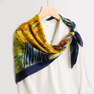 Low MOQ Van Gogh Design 90x90cm Colorful Printed Satin Ladies Silk Scarf Shawl