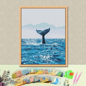 Kit de pintura de diamantes con paisaje marino de cola de ballena, diamantes redondos de cristal, arte de pared DIY enmarcado, decoración de paisaje rectangular - Product Image 1