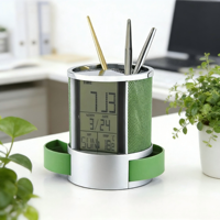 Porte-stylo rond multifonctionnel en métal avec calendrier, réveil, organisateur de bureau stable pour le rangement de fournitures scolaires et de bureau