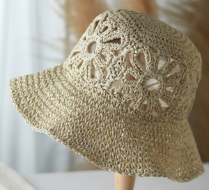 Sombrero de Pescador Tejido a Mano con Flores Caladas, Estilo Vacaciones de Verano en la Playa, Sombrero Plegable para Mujer - Product Image 2