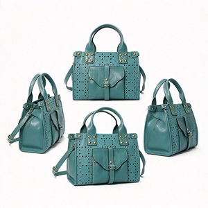 Sac à main élégant en cuir perforé avec poche avant à rabat et accents rivetés, sac décontracté à poignée supérieure - Product Image 4