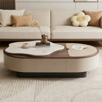 Table basse relevable de luxe moderne en bois et marbre irrégulier avec rangement, mobilier de salon multifonctionnel au design décoratif