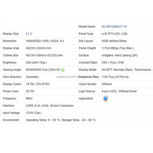 Nueva pantalla LCD TFT UXGA de 21,3 pulgadas, 1600*1200, Original, en Stock, para equipos industriales, médicos y automotrices, NL160120BC27-14 - Product Image 4