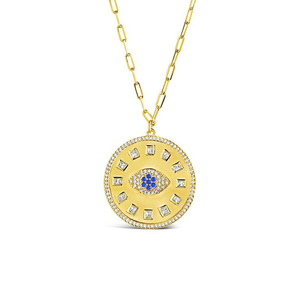 Yellow Gold Evil Eye CZ Sun Dial <strong>Coin</strong> Pendant <strong>Necklace</strong> - Product Image 3