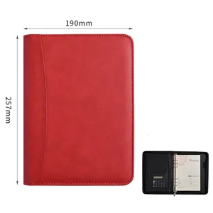 Penjualan paling laris portofolio profesional kulit PU merah warna kustom dengan Logo timbul pengatur Padfolio dengan ritsleting