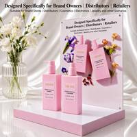 Présentoir pliable rose en acrylique pour produits capillaires, support de comptoir multilingue pour bouteilles de shampoing et d'après-shampoing, OEM ODM