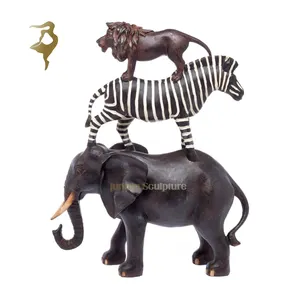 Escultura de leão zebra elefante 3 peças animais em pé em uma fileira estátua