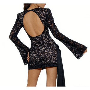 Robe Courte Femme en Dentelle à Manches Longues - Dos Découpé avec Traîne Drapée pour Soirée - Vêtements et Robes Tendance pour Femme - Product Image 2