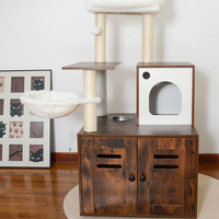 Arbre à chat 2-en-1 rustique marron en bois, grand format, moderne, pour intérieur, avec enclos pour litière, panier, griffoirs et maisonnette pour animaux