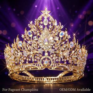Couronne de Reine des Champions du Monde en Or Plaqué, Modèle Rond Complet, avec Cristaux AB, Tiara de Miss Univers pour Mariage - Product Image 1