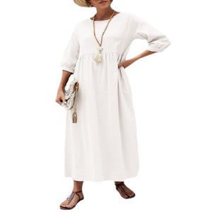 Vestido informal de algodón y lino para mujer, estilo casual, color sólido, manga farol, holgado, con bolsillos, novedad de 2025 - Product Image 5